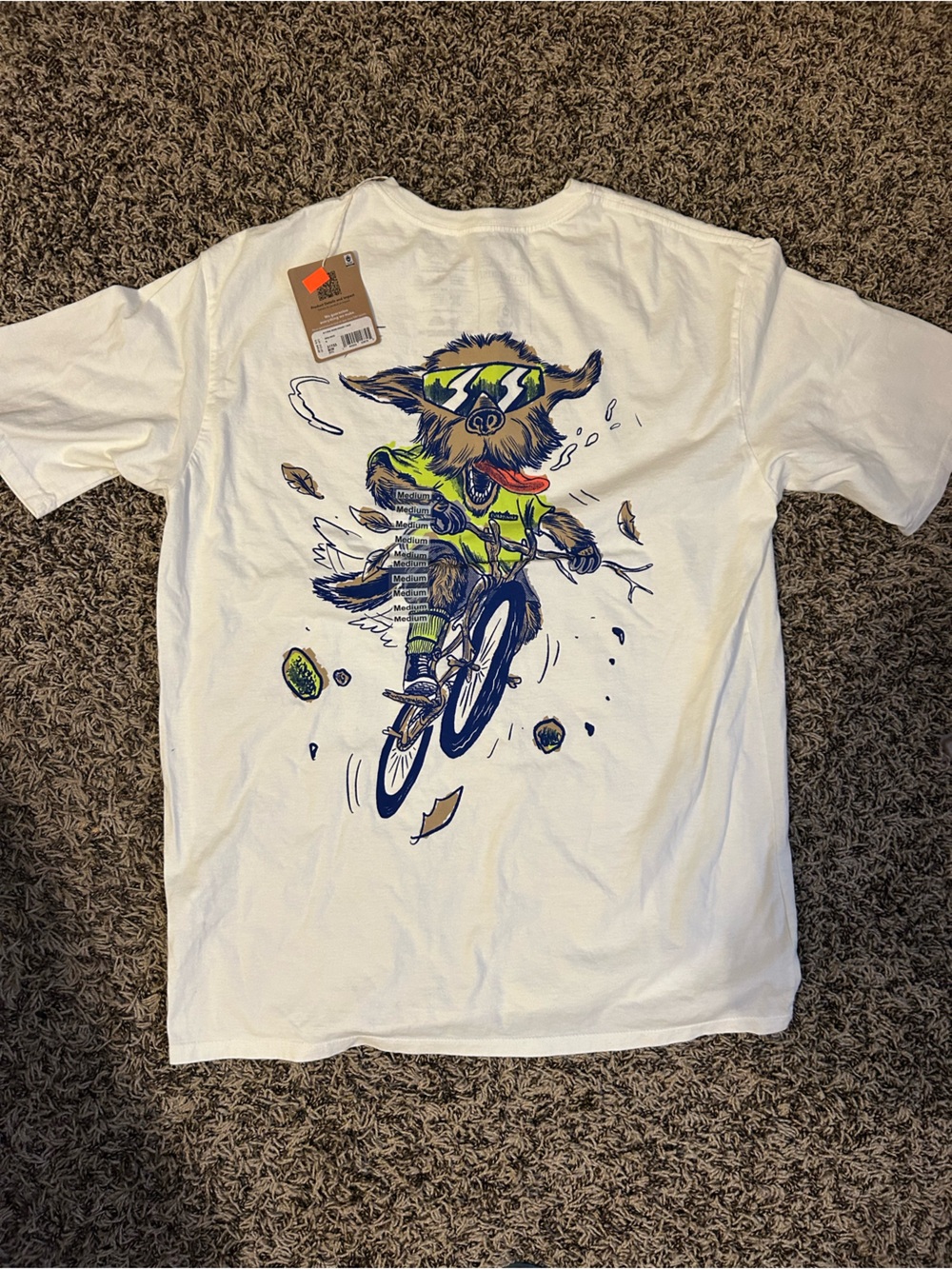 White Short-Sleeve Tee with Neon Green & Navy Biker Graphic
